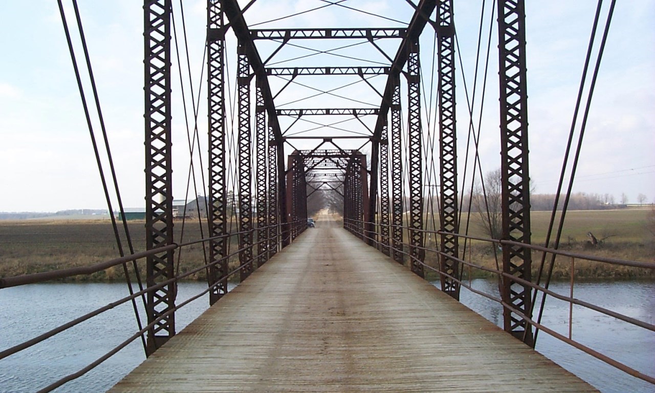 The large iron Winterbourne bridge on a misty morning